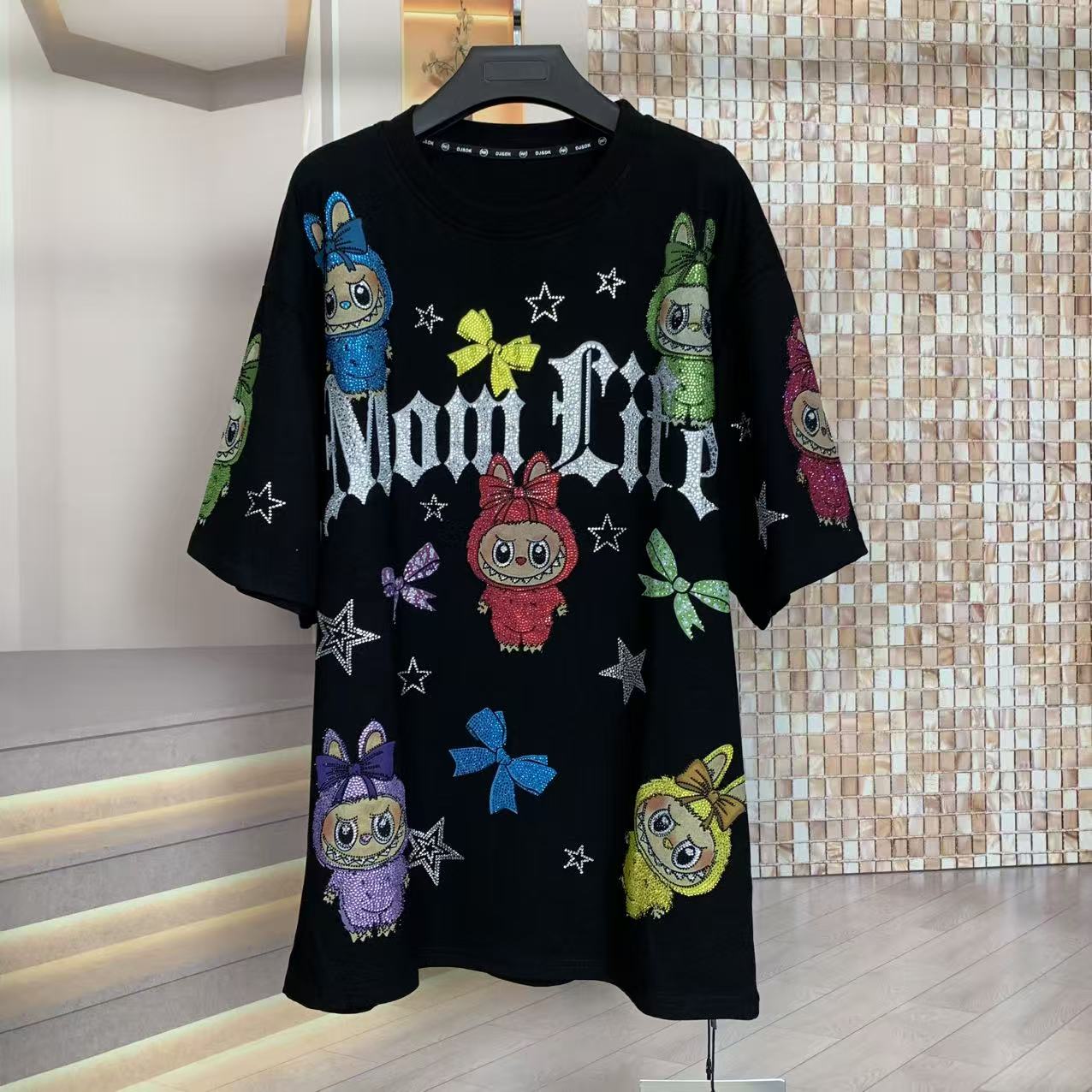 WR潮牌新秋冬磨毛重工满钻多个拉布布时尚大版宽松短袖T恤