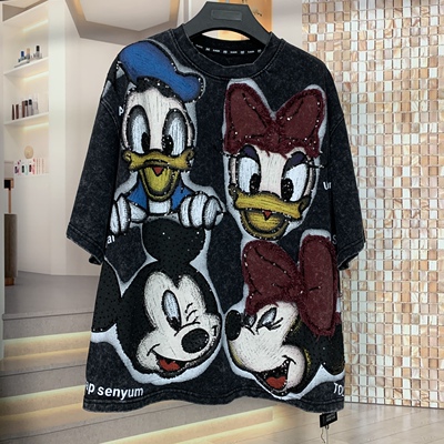 WR潮牌春夏新时尚重工米奇唐老鸭小个子卡通减龄宽松短袖T恤