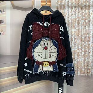 WR潮牌秋冬重工刺绣叮当猫卡通减龄宽松大版 加绒连帽卫衣 时尚