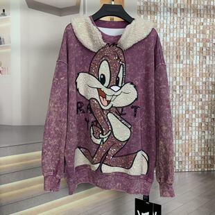 卫衣女 圆领时尚 YBDW潮牌秋时尚 重工宽松立体长耳朵兔卡通大版