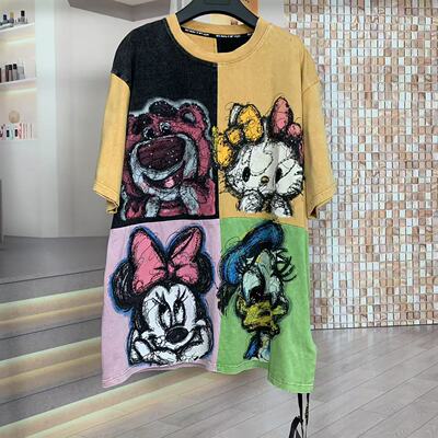 MX潮牌夏新款卡通拼色四宫格时尚中长大版短袖恤上衣女