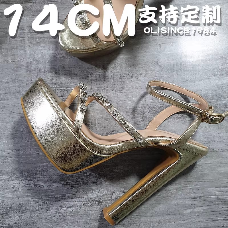 高跟凉鞋女粗跟防水台真皮形体模特走秀宴会水钻恨天高高跟鞋14CM