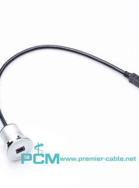 金属圆形USB Mini B模块 面板开孔22mm安装直通插座USB数据延长线