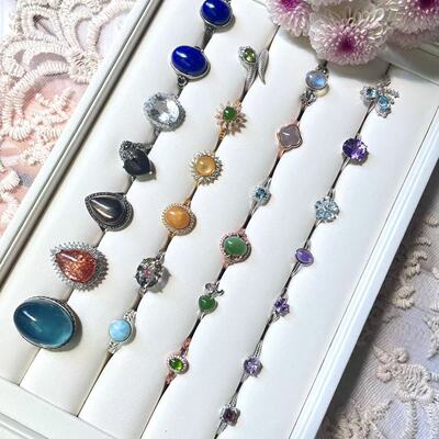孤品集合 高货通体 S925纯银镶嵌金太阳白水晶紫水晶海蓝彩宝戒指