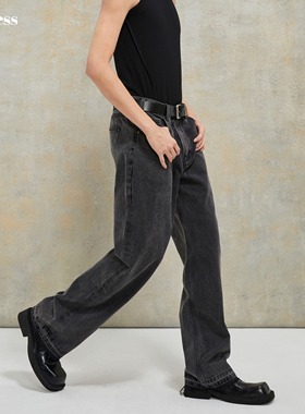 Selfness Cone Vintage黑灰色水洗做旧裤腿拉须直筒宽松男牛仔裤