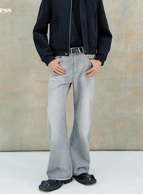 Selfness春夏款Riri拉链闪电纹理做旧水洗灰2021M微喇牛仔裤长裤