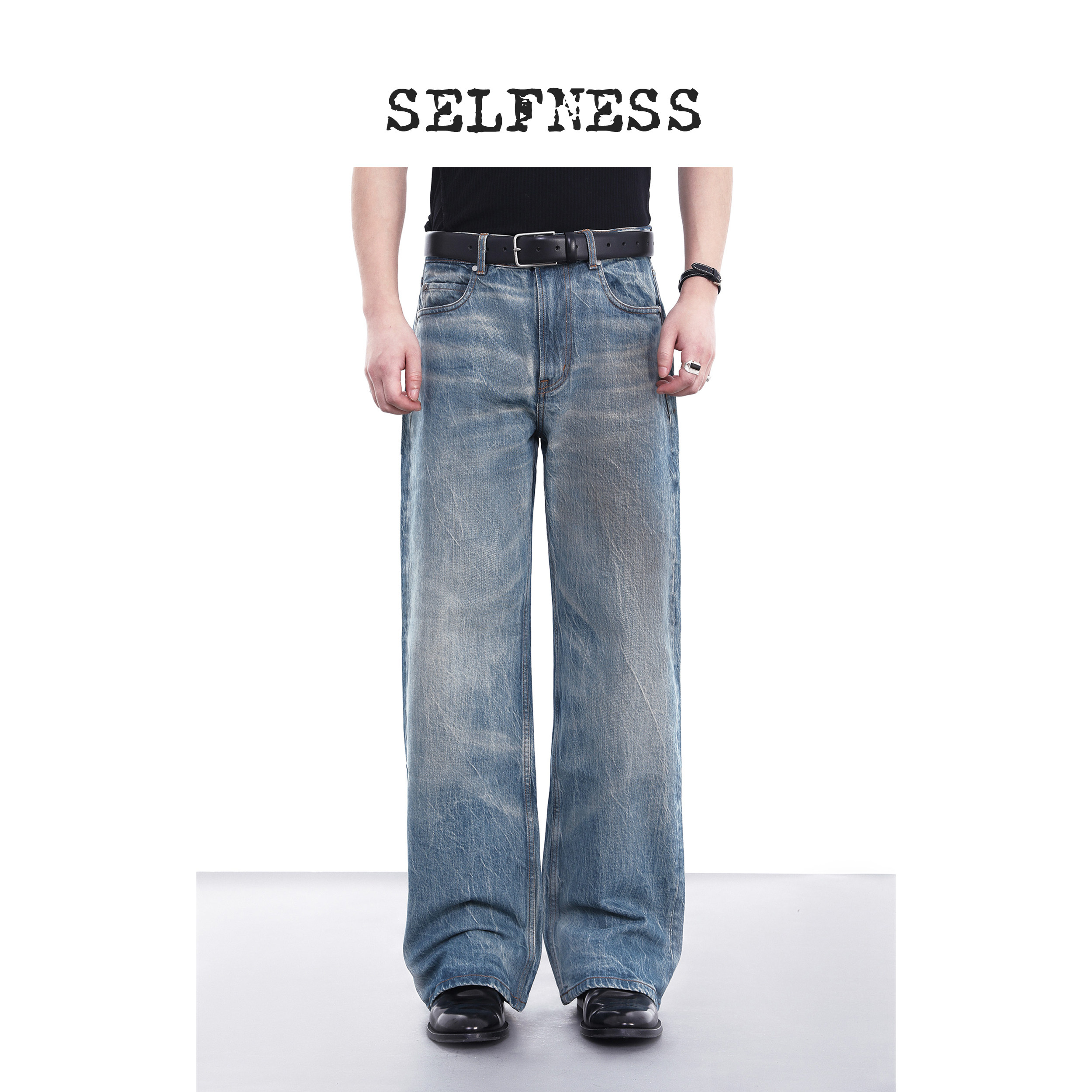 SELFNESS l 源染系列 l 咖啡润色做旧水洗蓝色男士宽松牛仔裤