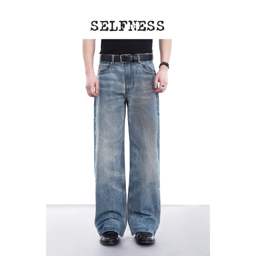 SELFNESS咖啡润色水洗做旧牛仔裤