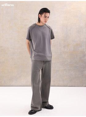 Selfness Vintage 2021M版型高级灰色宽松直筒阔腿微喇做旧牛仔裤