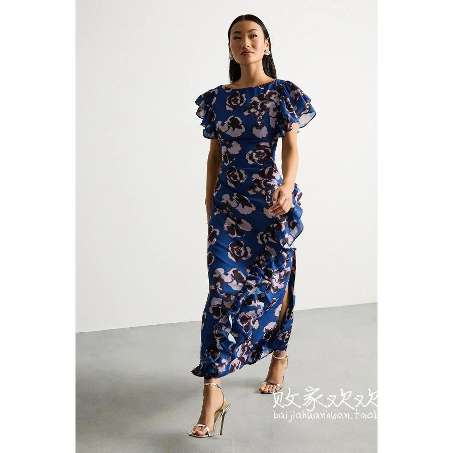 英国代购正品12.12 名品Boohoo 女装新款 设计印花开叉长款连衣裙