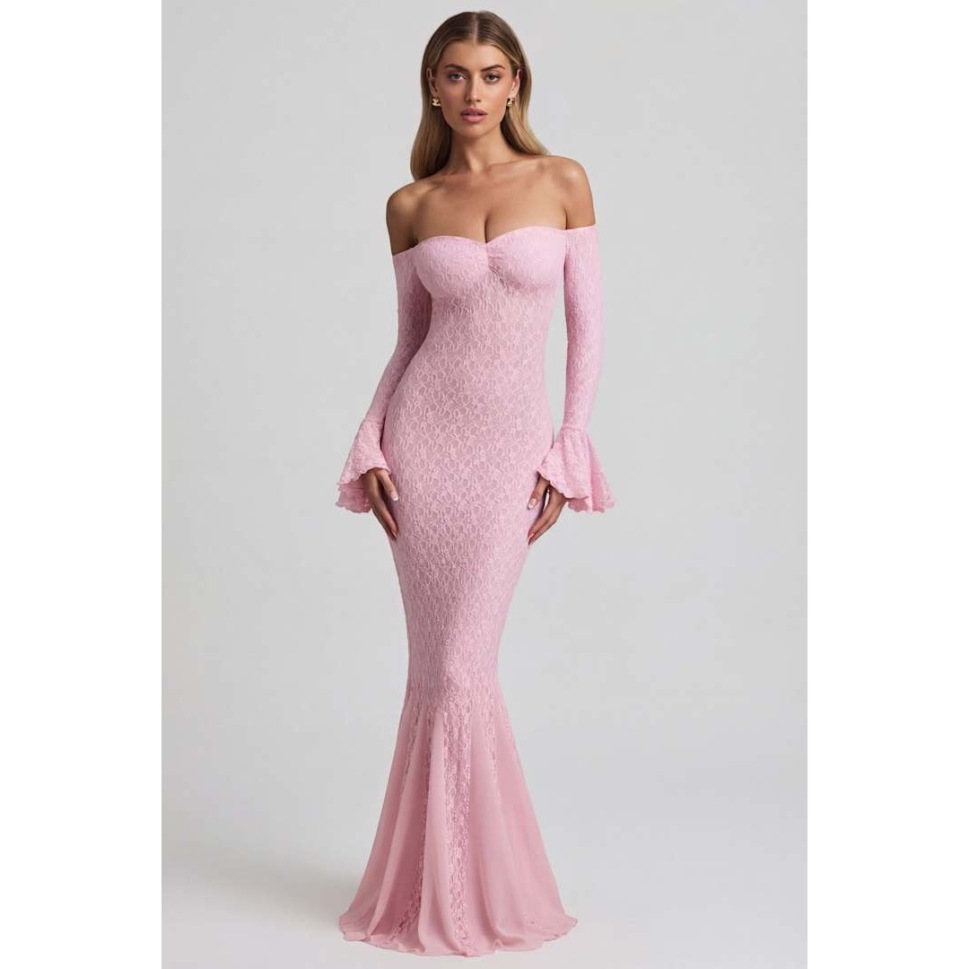 英国代购正品04.27 名品ohpolly 女装新 一字肩喇叭袖长款连衣裙