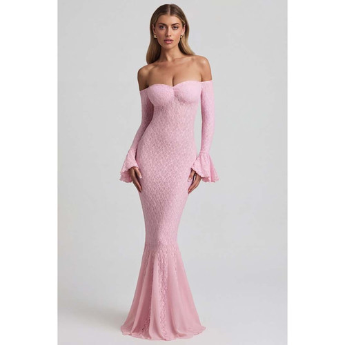英国代购正品04.27 名品ohpolly 女装新 一字肩喇叭袖长款连衣裙