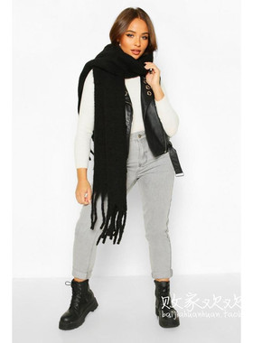 英国代购正品12.13 名品Boohoo 饰品新款 冬季深色流苏长款围巾