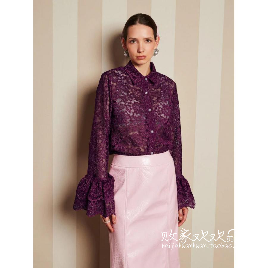 英国代购正品11.15 名品SJ 女装新款 蕾丝喇叭袖长袖设计衬衫