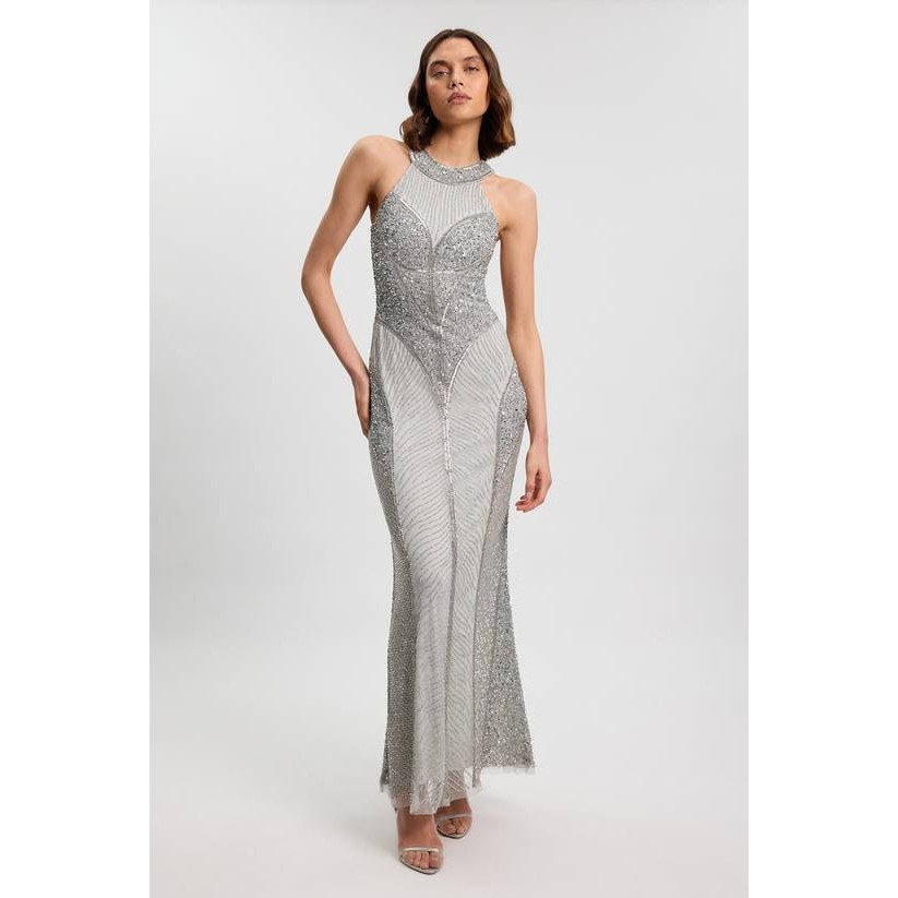 英国代购正品05.20 名品PL 女装新款 时尚银色重工花礼服连衣裙