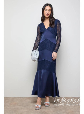 英国代购正品12.13 名品Boohoo 女装新款 设计拼接缎面连衣长裙