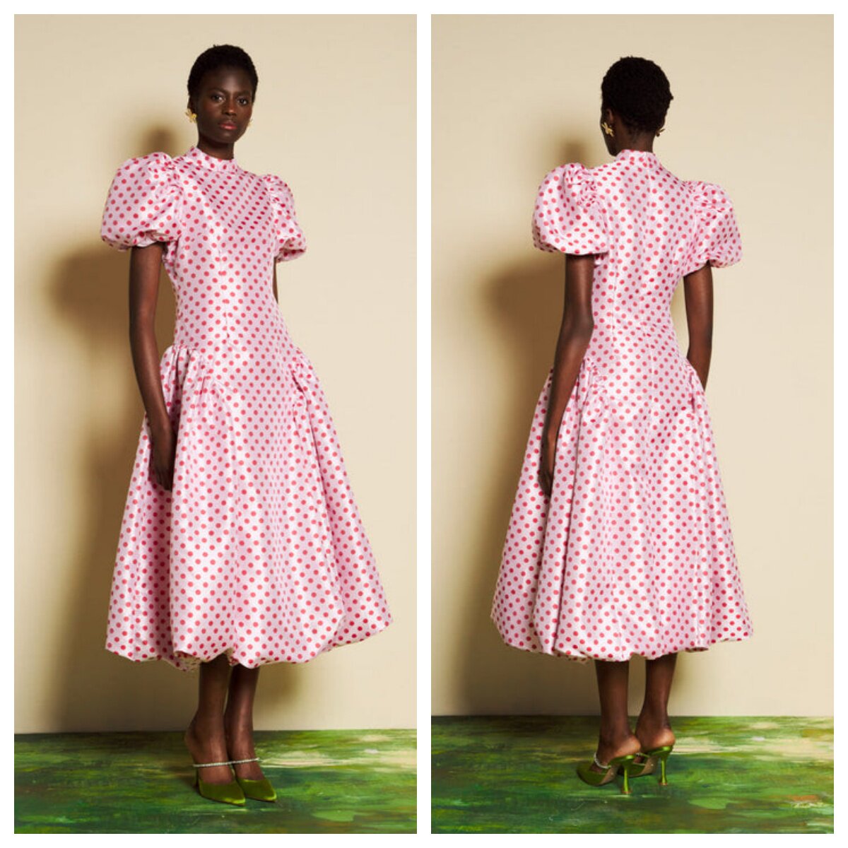 英国代购正品03.28 名品SJ 女装新款 时尚泡泡袖波点长款连衣裙