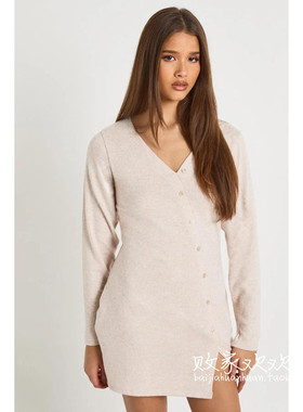 英国代购正品12.13 名品Boohoo 女装新款 设计开叉浅色迷人连衣裙