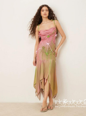 英国代购正品07.02 2025潮流导向 女装新款 吊带不规则长款连衣裙