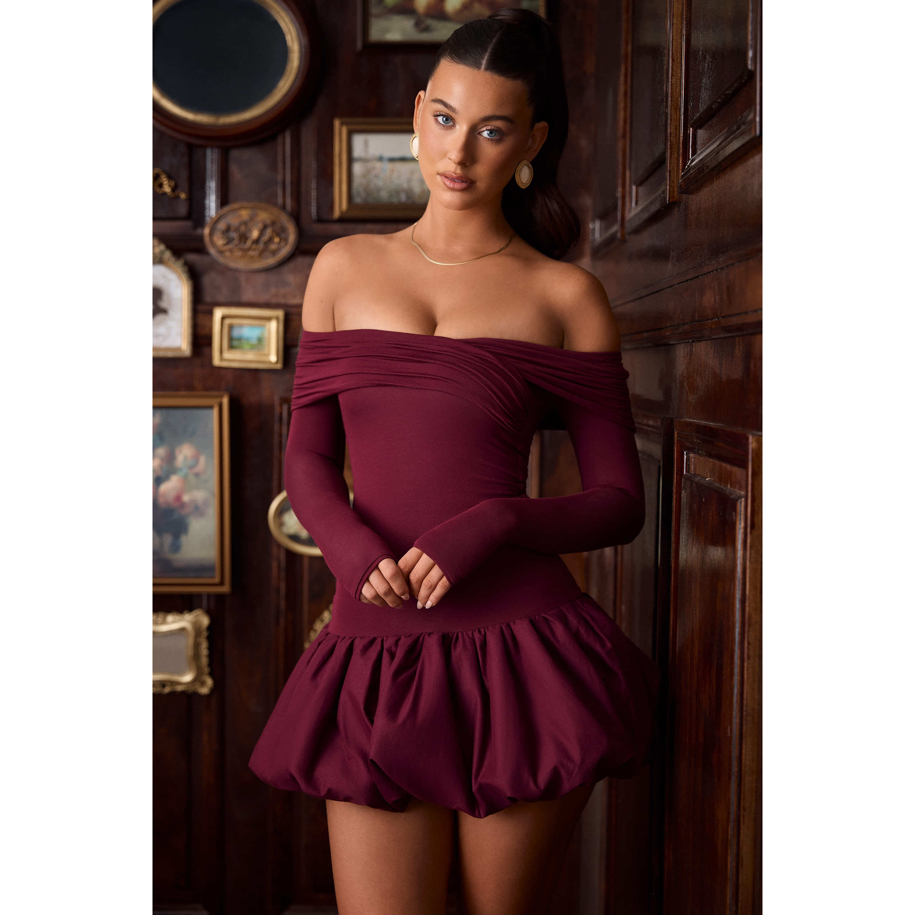 英国代购正品04.27 名品ohpolly 女装新款 一字肩泡泡裙摆连衣裙