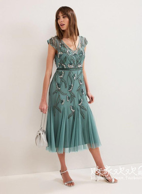 英国代购正品07.03 名品NEXT 女装新款 设计亮片中长款连衣裙