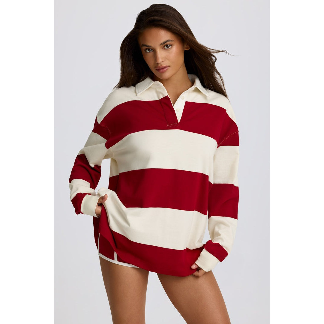 英国代购正品07.26 名品ohpolly 女装新款 翻领横纹长袖舒适T恤