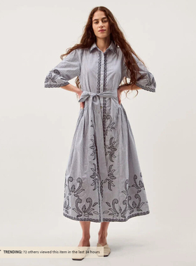 英国代购正品03.13 名品Monsoon 女装新款 中式刺绣条纹连衣裙