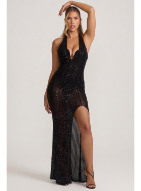 英国代购正品04.27 名品ohpolly 女装新款 挂脖闪钻深色连衣裙