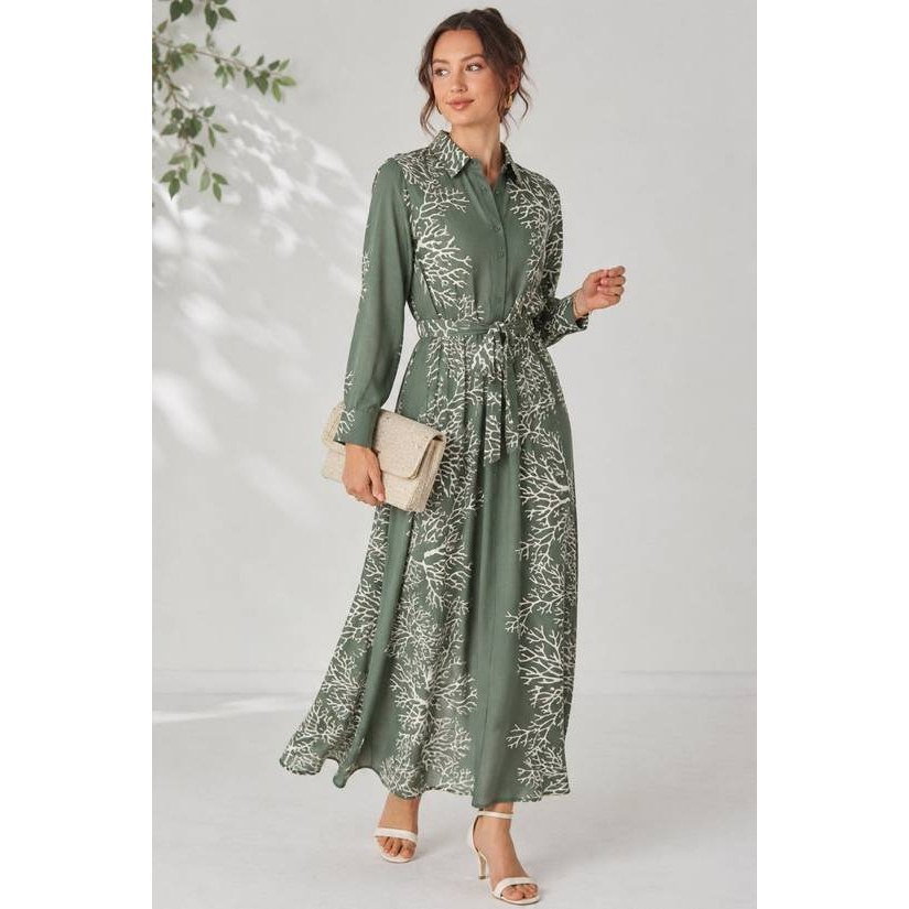 英国代购正品07.25 名品DP 女装新款 翻领印花系腰带长款连衣裙