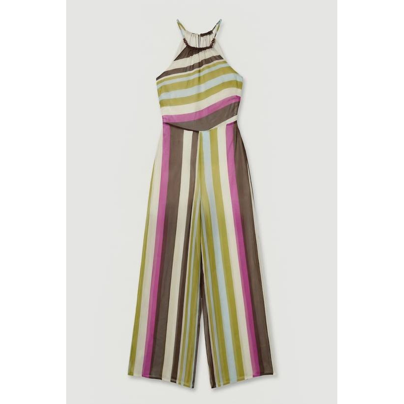 英国代购正品04.26 名品KM 女装新款 时尚吊带条纹阔腿长款连衣裤