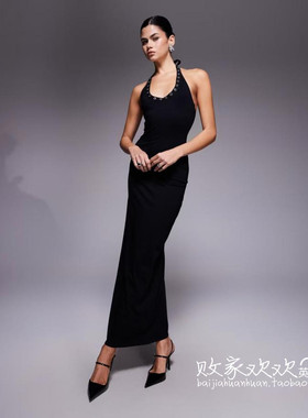 英国代购正品11.04 2025潮流导向 女装新款 挂脖深色长款连衣裙