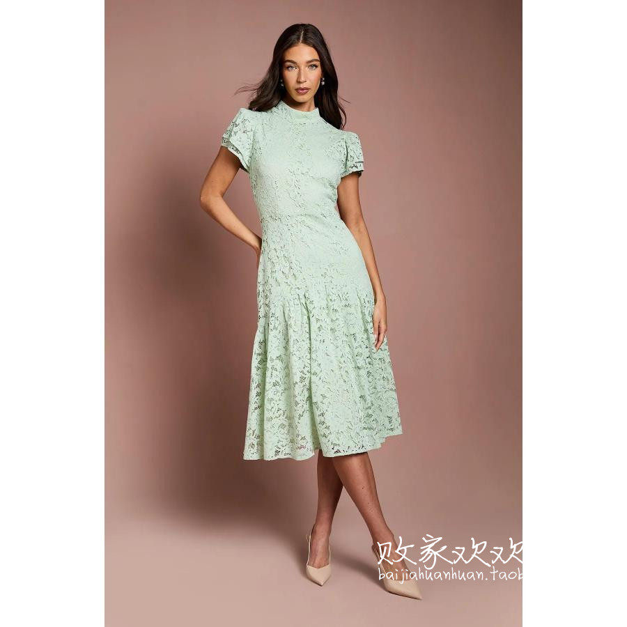 英国代购正品12.13 名品Boohoo 女装新款 设计镂空花中长款连衣裙
