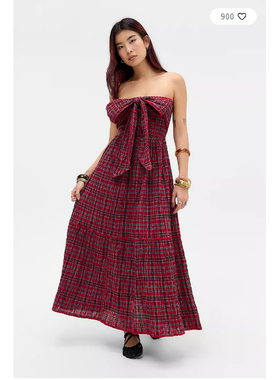 英国代购正品01.14 名品UO 女装新款 挂脖迷你格子长款设计连衣裙