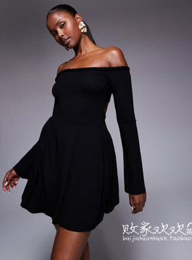 英国代购正品09.10 2025潮流导向 女装新款 一字肩深色迷人连衣裙