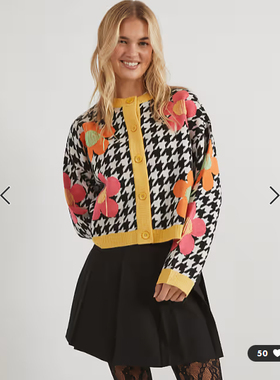 英国代购正品02.25 2026潮流导向 女装新款 千鸟格花朵针织开衫