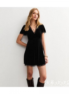 英国代购正品08.26 名品NL 女装新款 蕾丝边深色迷人百搭连衣裙