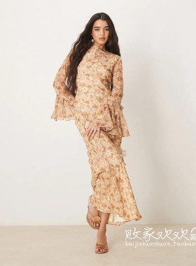 英国代购正品03.06 2025潮流导向 女装新款 喇叭袖碎花连衣长裙