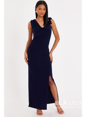 英国代购正品12.13 名品Boohoo 女装新款 时尚深色开叉连衣长裙