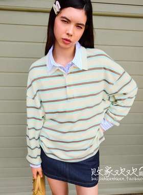英国代购正品10.06 2025潮流导向 女装新款 翻领条纹长袖舒适小衫