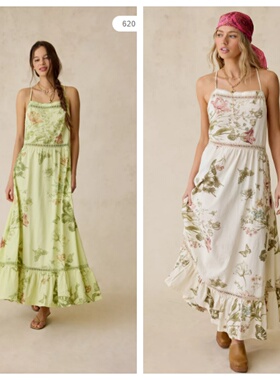 英国代购正品03.20 名品UO 女装新款 吊带印花荷叶裙摆长款连衣裙