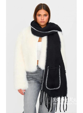 英国代购正品12.13 名品Boohoo 饰品新款 深色流苏保暖长款围巾