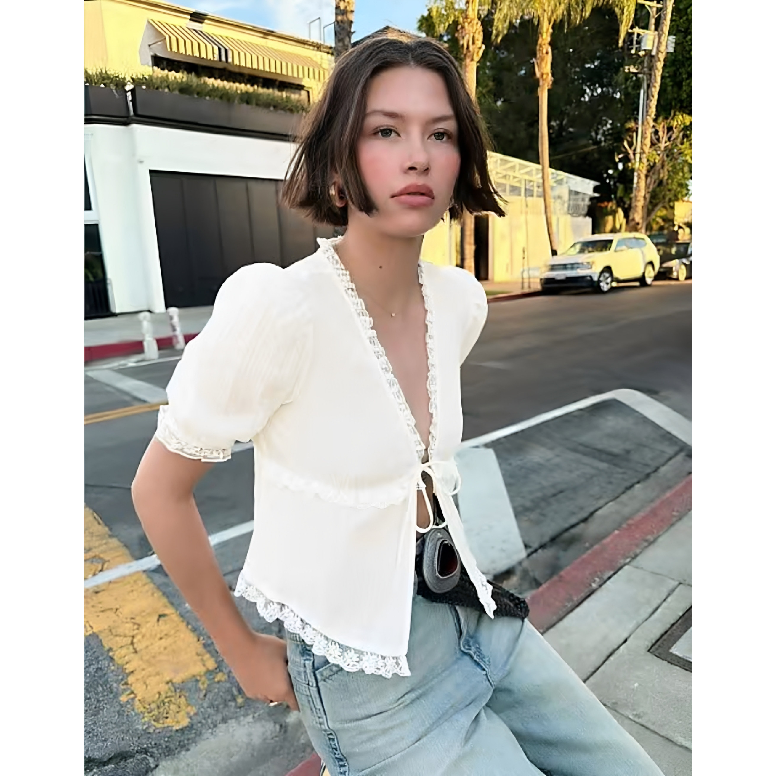 英国代购正品04.08 2026潮流导向 女装新款 蕾丝边短袖小衫上衣