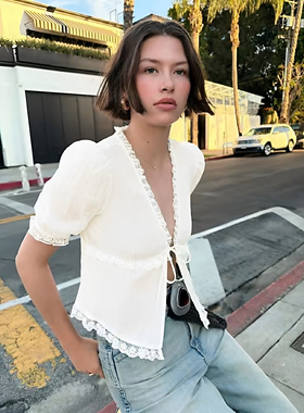 英国代购正品04.08 2026潮流导向 女装新款 蕾丝边短袖小衫上衣