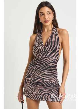 英国代购正品12.13 名品Boohoo 女装新款 时尚斑马纹迷人连衣裙