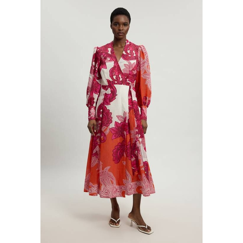 英国代购正品05.29 名品KM 女装新款 时尚泡泡袖印花长款连衣裙