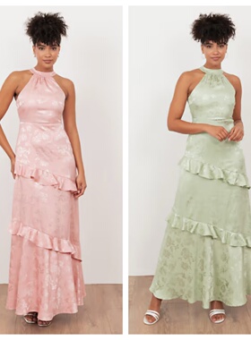 英国代购正品01.12 2026潮流导向 女装新款 荷叶边提花长款连衣裙