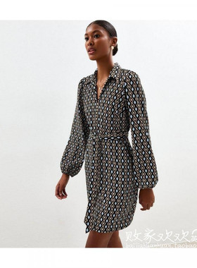 英国代购正品08.26 名品NL 女装新款 翻领印花中长款百搭连衣裙