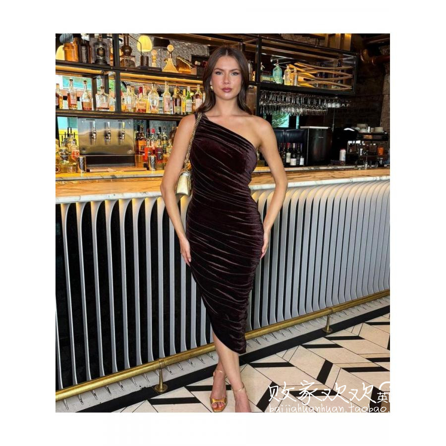 英国代购正品11.13 名品NL 女装新款 单肩绒面迷笛修身连衣裙