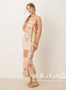 英国代购正品07.08 2025潮流导向 女装新款 抹胸印花长款连衣裙