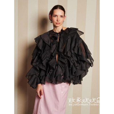 英国代购正品11.15 名品SJ 女装新款 设计泡泡荷叶边款衬衫